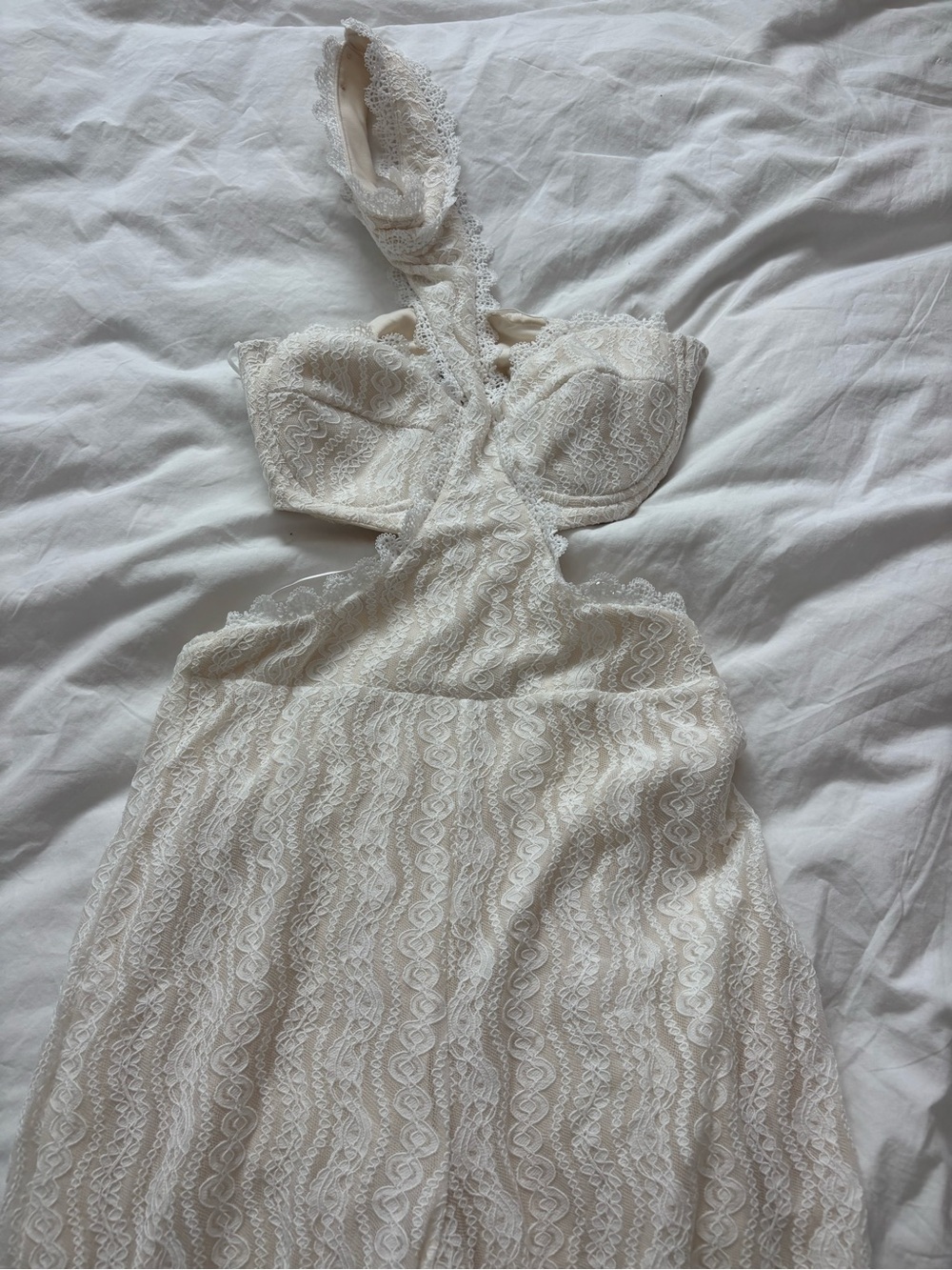12th Tribe Princesa White Lace Halter Jumpsuit Wide Leg